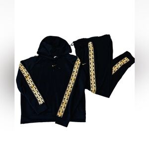 Nike Womens Tape Logo 2PC Tracksuit Hoodie Jogger Black Gold SZ Medium NWOT